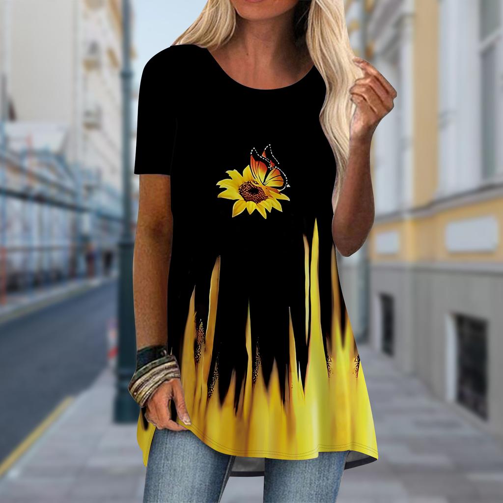 Plus Size Women Spring Flower Sea Printed Comfy Short Sleeve Round Collar T-shirt Casual Baggy Mid Length Tee Tops