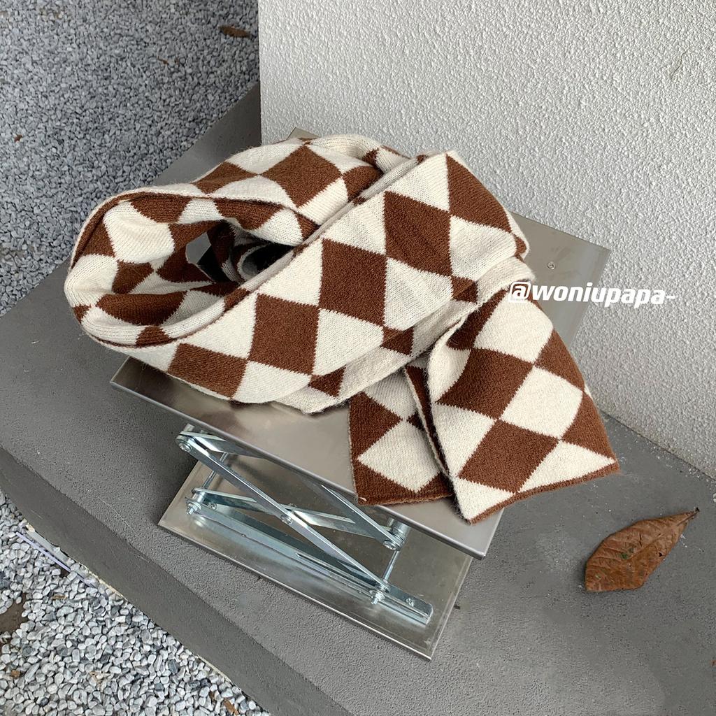 Green Rhombus Plaid Scarf for Women In Winter Japanese Style Versatile Student Thickened Warm Plaid Knitted Short Scarf Trendy