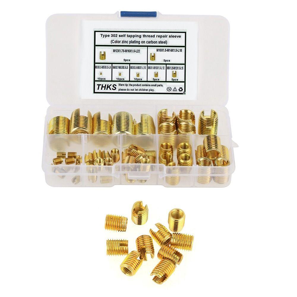 50pcs Gold Self Tapping Inserts M3-M12 Brass Slotted Thread Inserts Threaded Inserts Kit  Tool Set