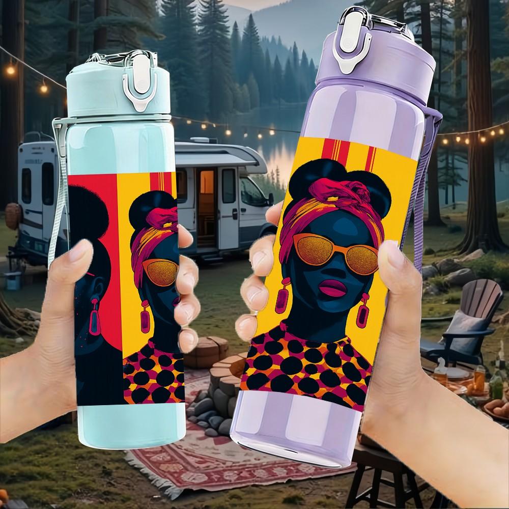 1PC Three Black Women Ethnic Art Print 750ml Color Plastic Sports Water Bottle Leakproof Flip Straw Lid Suitable for Sports Office Home Use