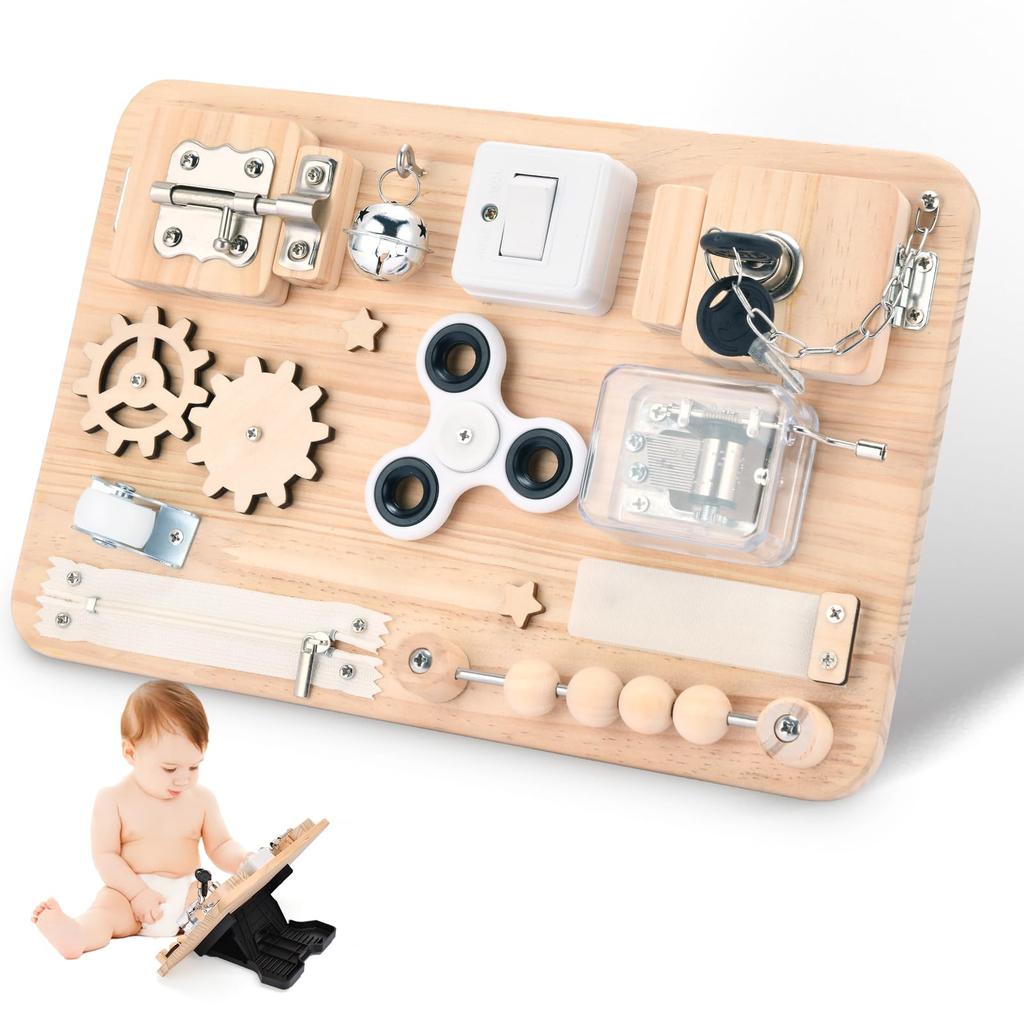 Montessori Wooden Busy Educational Toy for Ages 3 and Sensory Fingertip Folding Birthday Travel Toy Board, 12-Piece Up, Play, Training, Stand,