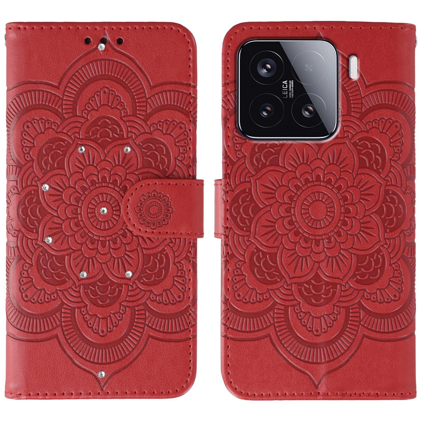 

For Xiaomi 15 Case Rhinestone Decor PU Leather Mandala Imprinted Design Phone Cover with Wrist Strap Red