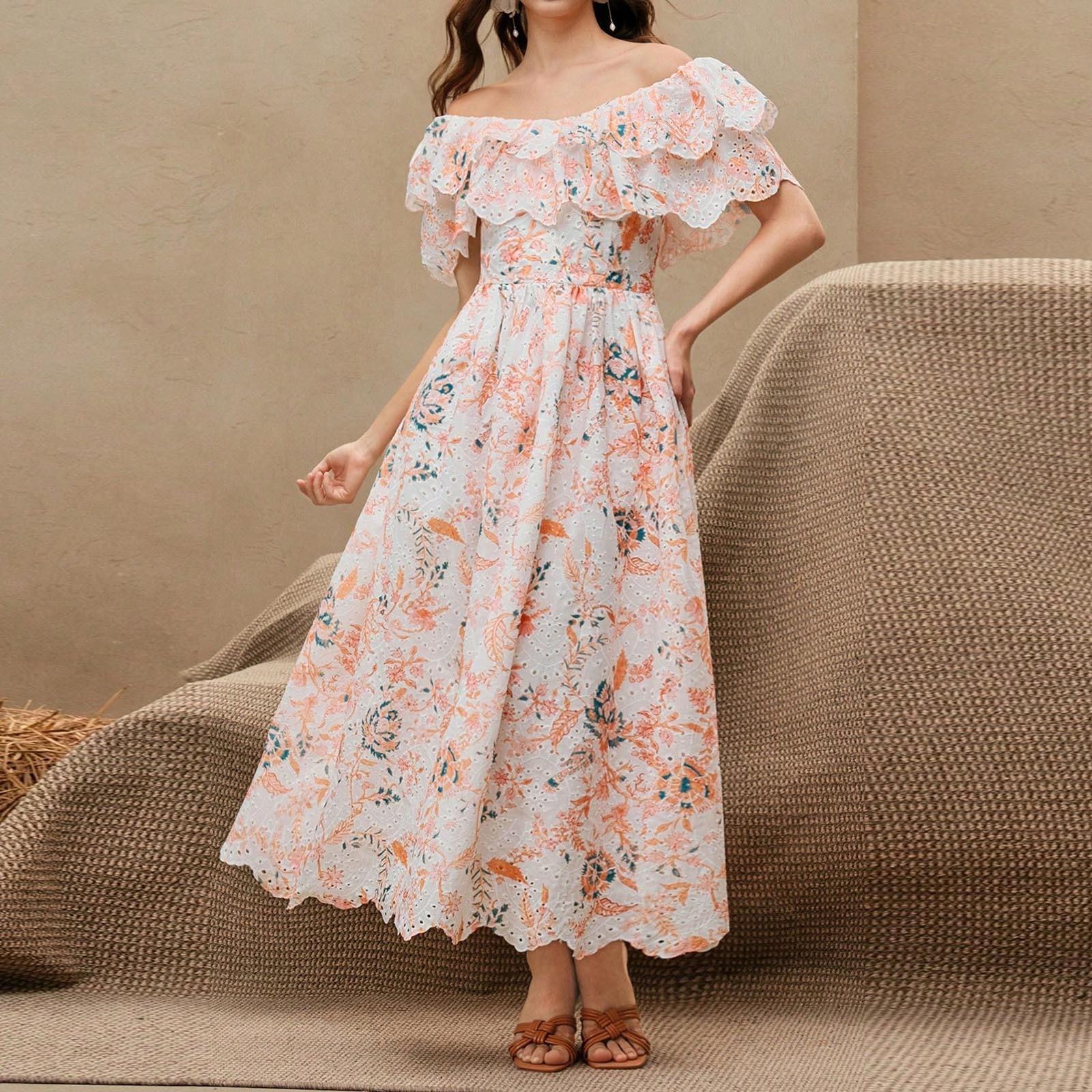 

Женское элегантное пляжное платье миди с открытыми плечами, оборками, вырезами и цветочной вышивкой L