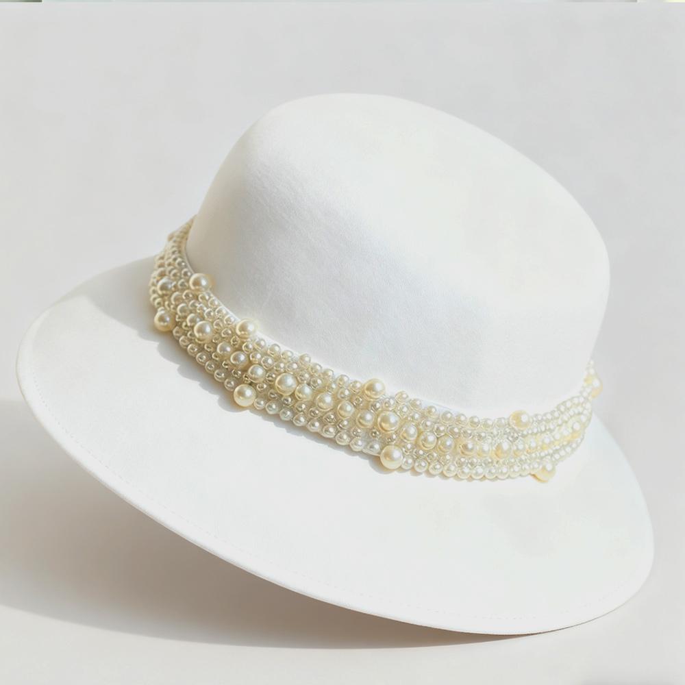 Woman Fisherman Hat Autumn Winter Pure Wool Pearl Wool Hat French Hepburn Retro Elegant Felt Hat Church Hat Dome Fishermen Hat