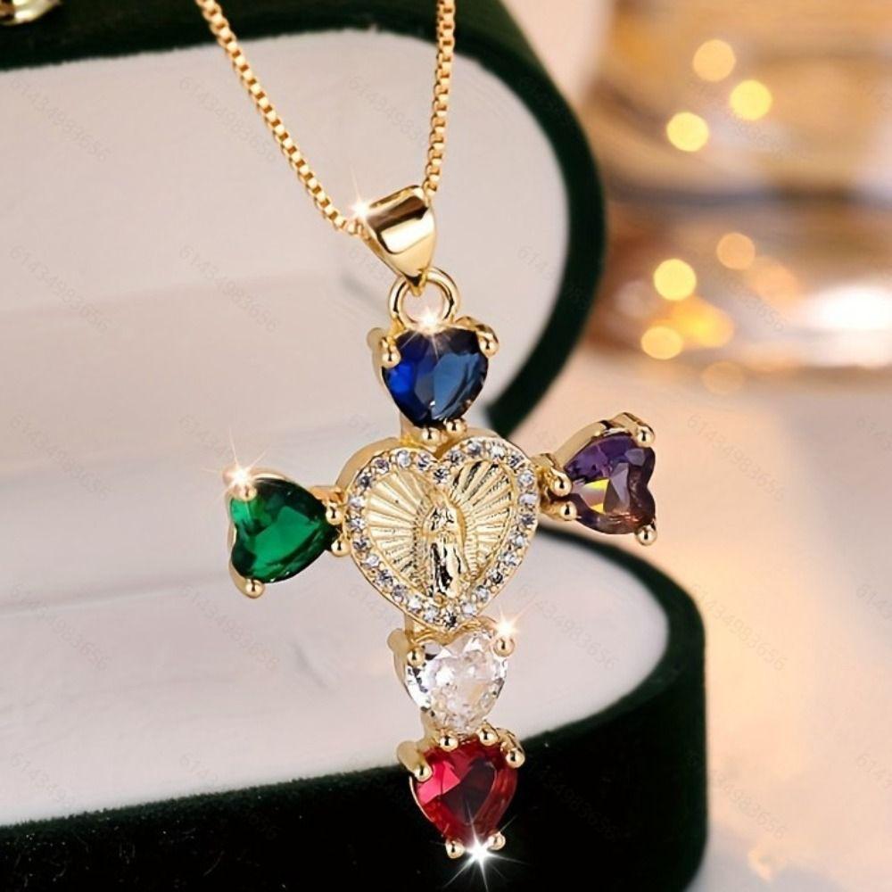 Gold & Silver Plated Religious Necklace Heart Cubic Crystal Chain Necklace for Women