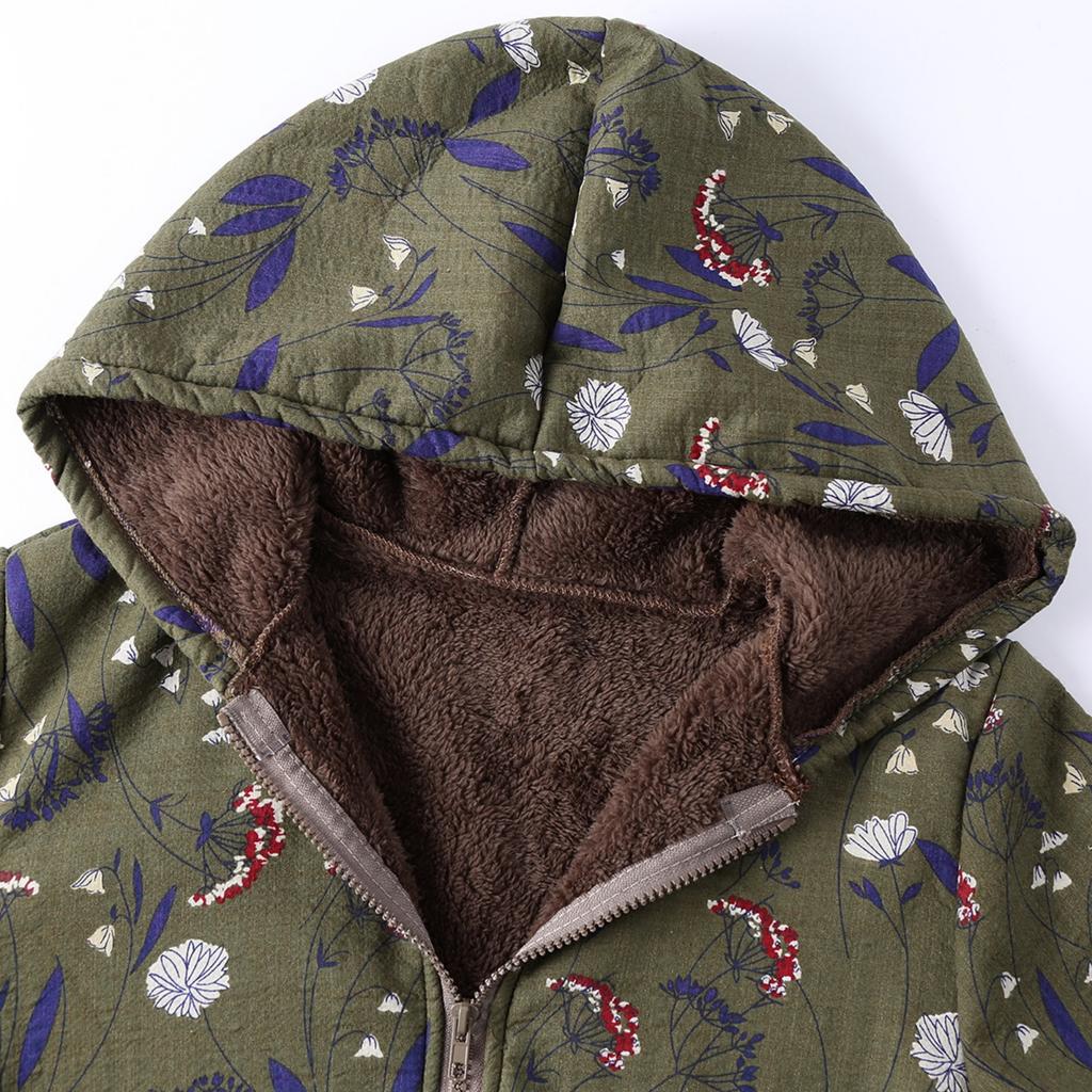 Womens Winter Warm Outwear Floral Print Hooded Pockets Vintage Oversize Coats
