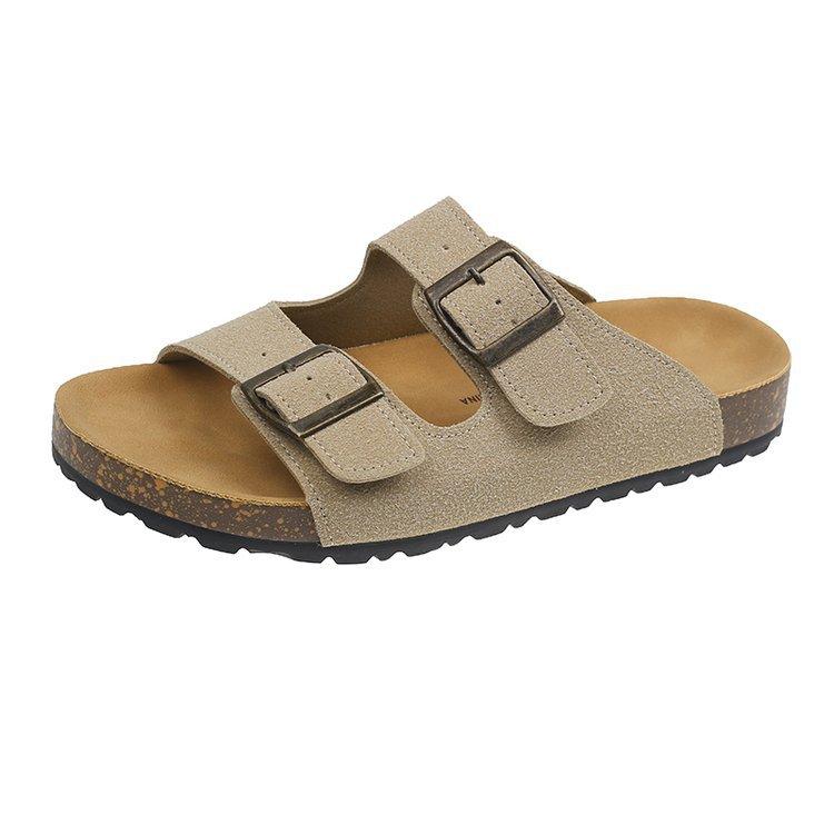 British retro one-word button slippers women's summer wear 2025 new Korean version one-word drag flats beach shoes sandals