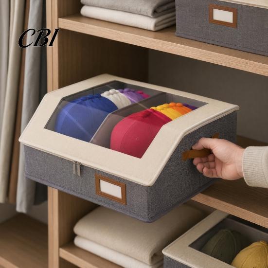 Adjustable Hat Storage with Dividers Organizer, Clear Window Lid Flip Top Access Design, Organizer for Baseball Caps Stackable Partition Box,