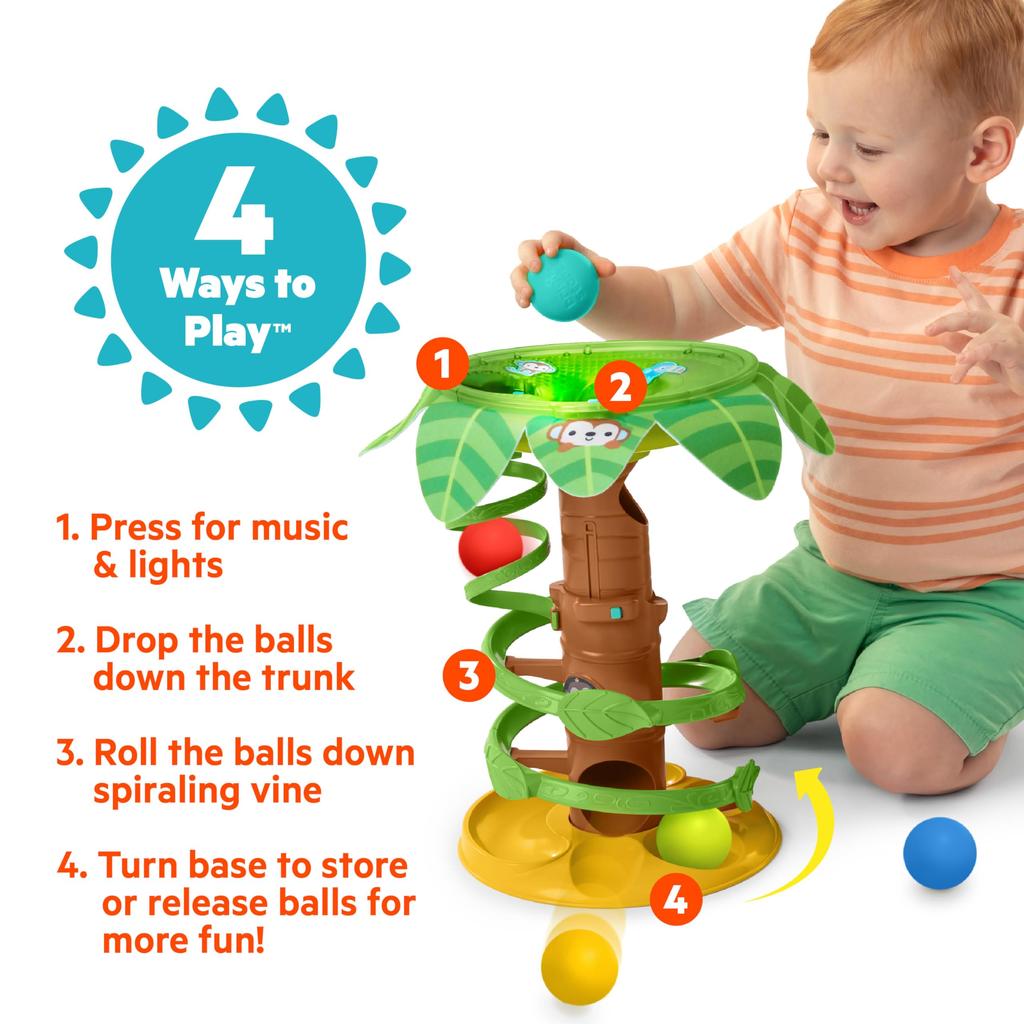 Bright Starts Kids2 Tropical Spinning Ball Tower (16826) - Educational Toy with Monkey and Safari Animals for Babies (6 Months and Up). Perfect for