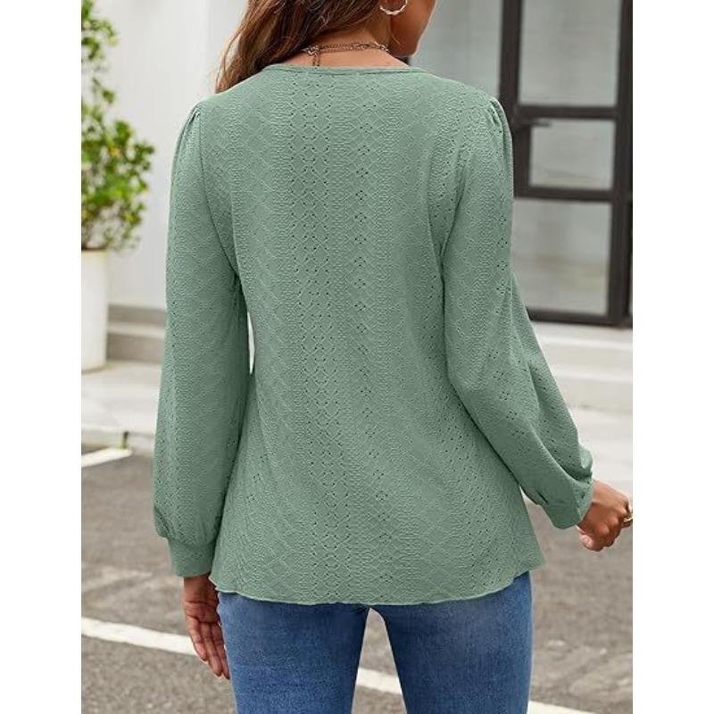 Women's Blouse Round Neck Small Eyelet Bubble Sleeve Long Sleeve Top