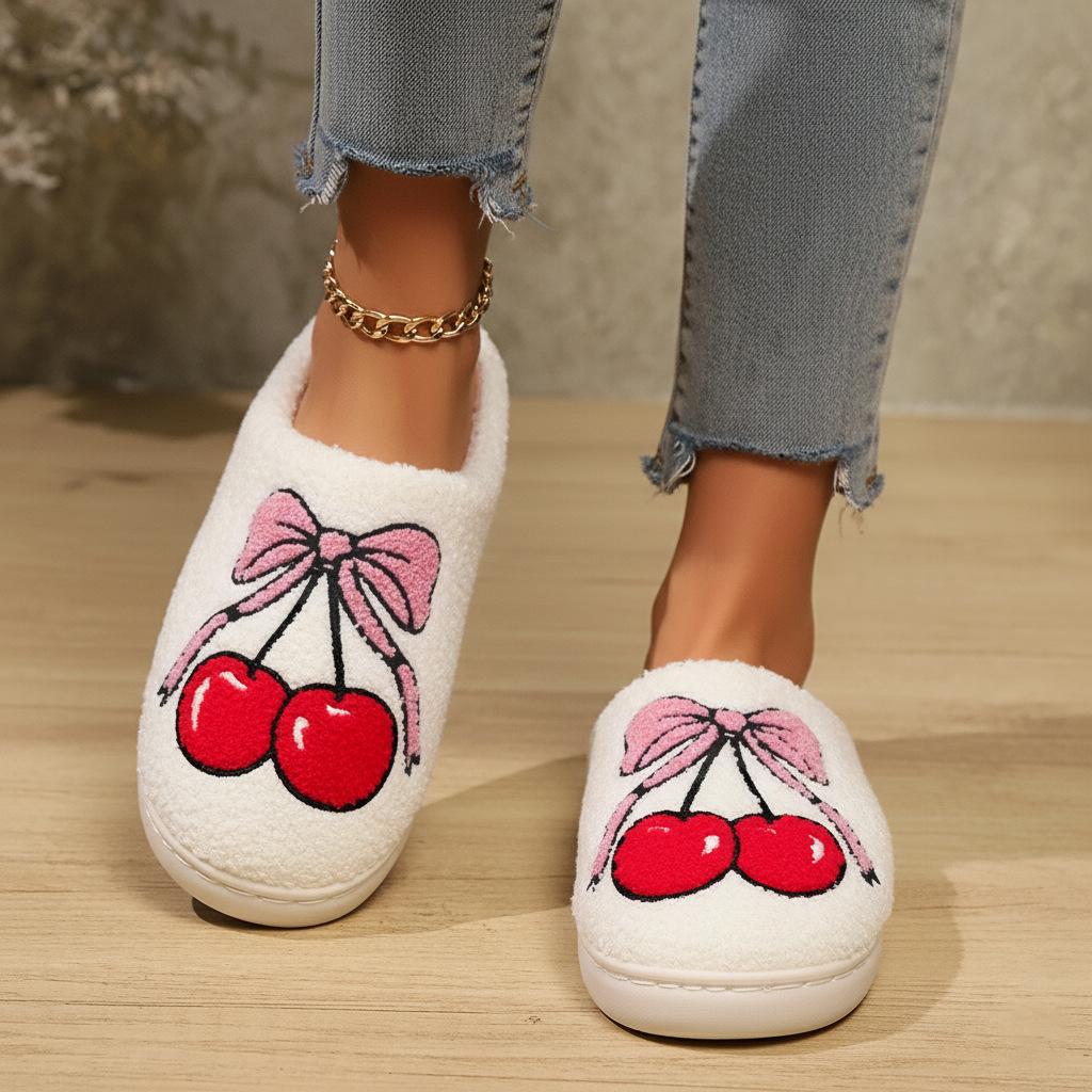 Women Warm Winter Shoes Non-slip Cute and Warm Cherry Slippers