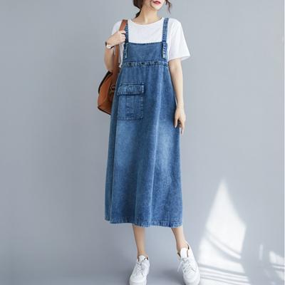 Nouvelle version coréenne printemps et été 2025 robe mi-longue polyvalente ample à basque en denim à bretelles couleur unie fine