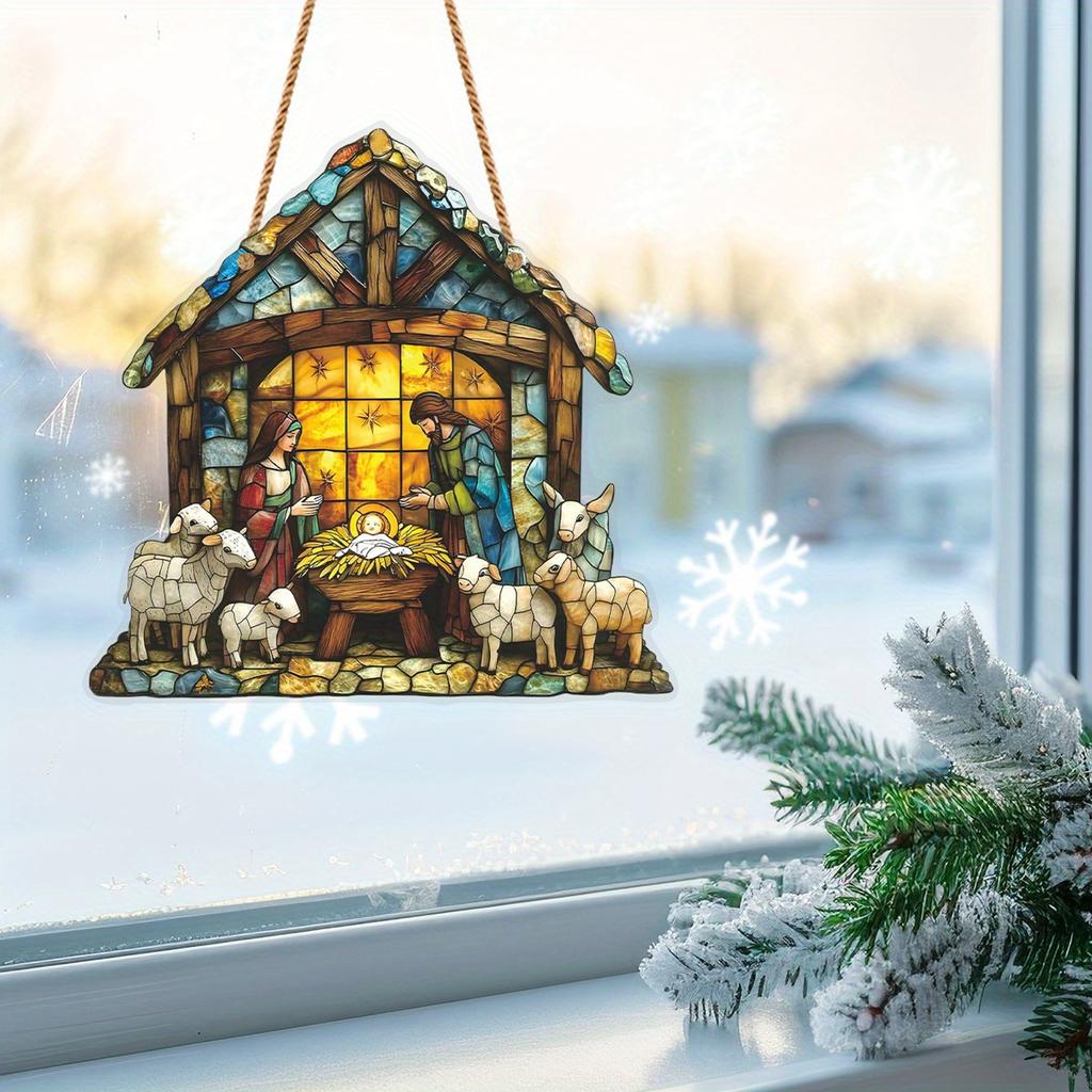 1pc 2D Handmade Sun Catcher Stained Acrylic Nativity Scene Suncatcher Window Hanging Ornament for Home Deco Christian for Family