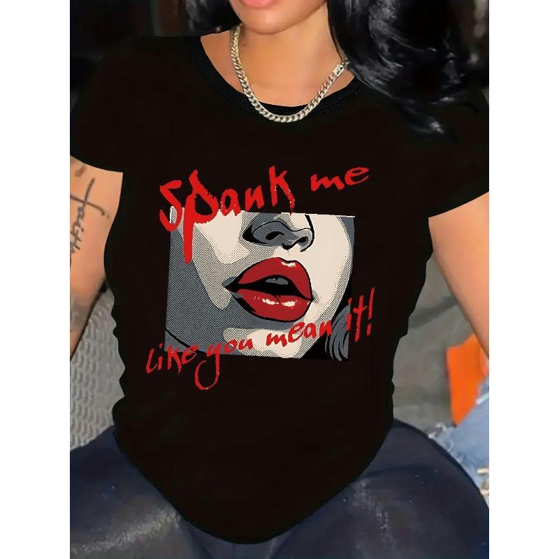 

European Size Plus Size - Women S Crew Neck T-Shirt - Bold SPANK ME LIKE YOU MEAN IT! Graphic Tee with Red Lettering 4XL