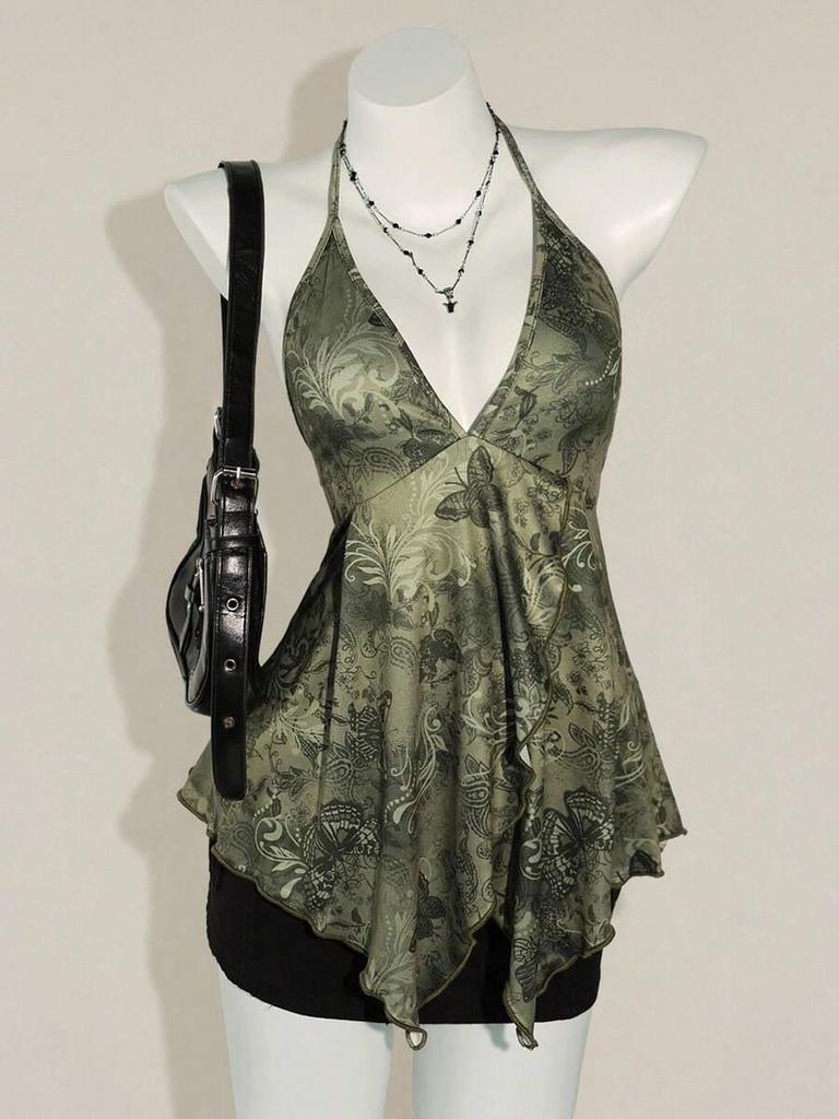 Top Halter Mariposa Azul Retro Americano - Dobladillo Irregular Estilo Fresco Camisola