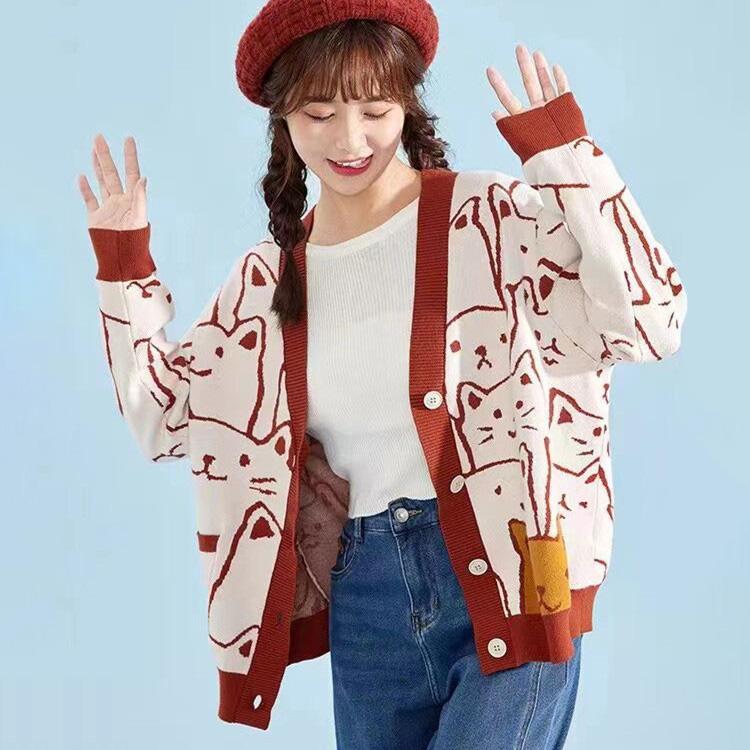 

В язані кардигани з мультяшним котом, джемпер, осінь, зима, жіночий светр Harajuku, пальто з круглим вирізом і довгим рукавом One Size червоний