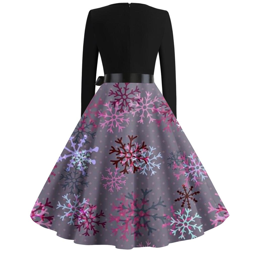 Women's Fashion Round Neck Casual Slim Christmas Printed Long Sleeve Dresses