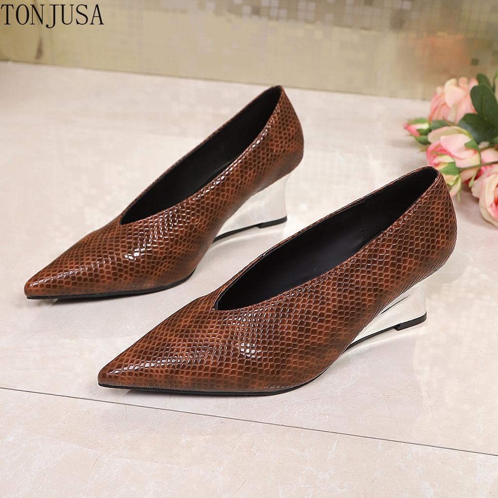 Retro Leopard Print Medium Heel Light Mouth Single Shoes Women's Cross-border Spring and Autumn Models Wedge Heel Fashion Shoes High Heels