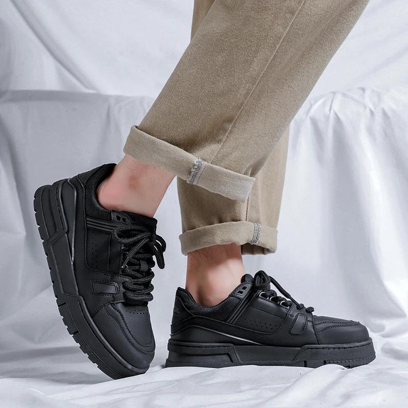FashionMen's Sneakers outdoor flats Casual Sports Shoes for Men Leather Breathable Shoes lace up fashion Flat black Shoes men