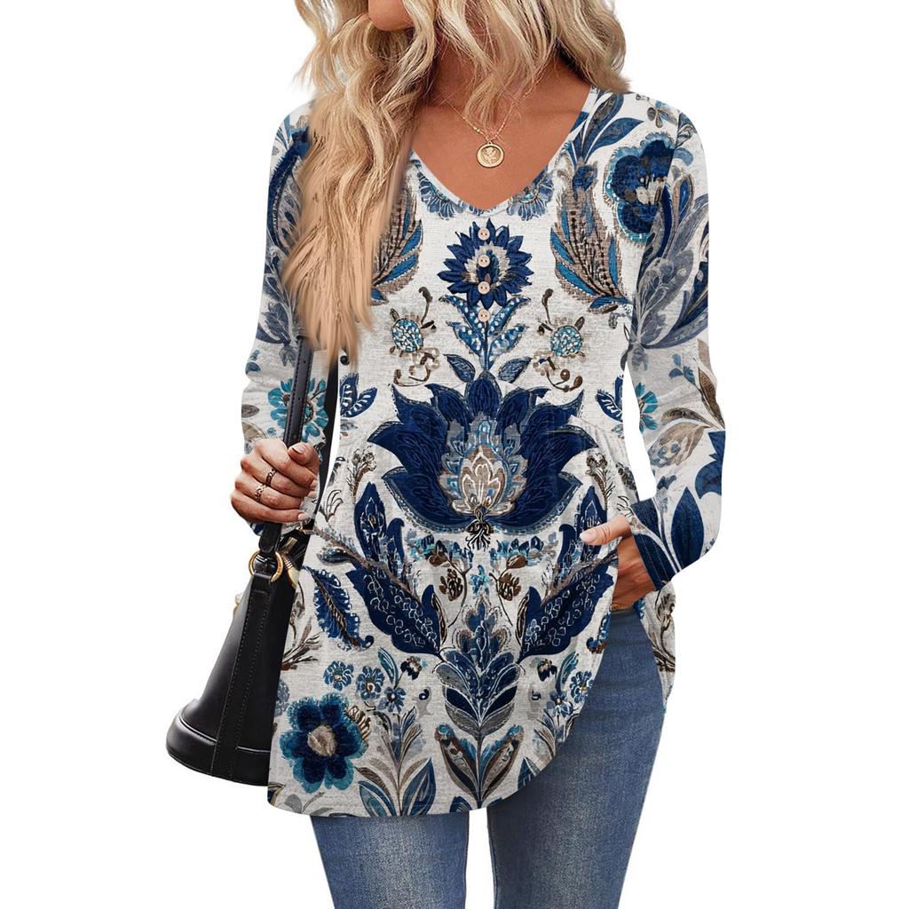 Women's Fashion Casual Long Sleeve Solid Color Shirt Women's V-Neck Tops