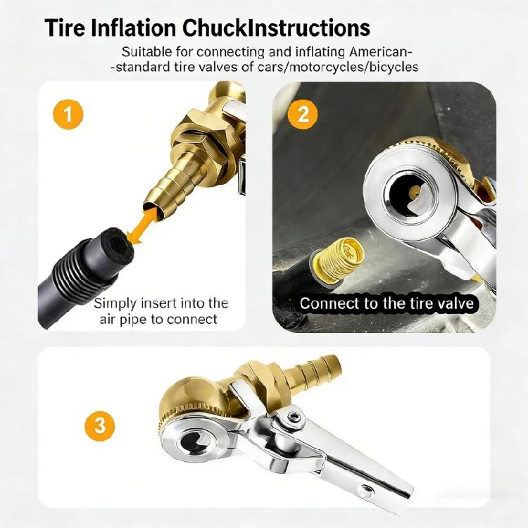 Copper Air Chuck for Tire Inflation Featuring Steel Lock Clamp Universal for Most Inflators Quick Install