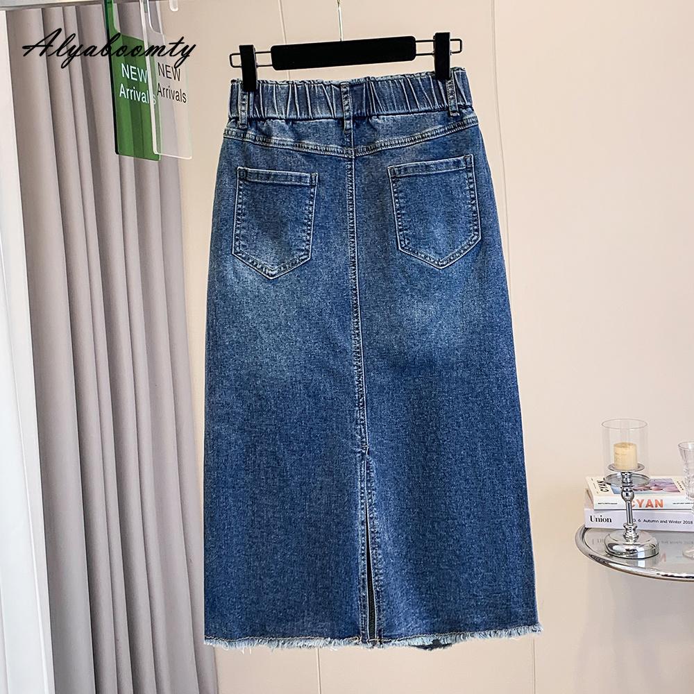 Korean Style Plus Size Spring Summer Women Denim Skirt High Waist Diamonds Tassel Office Lady Stretchy Skirt Elegant Feminine Split Straight Skirts