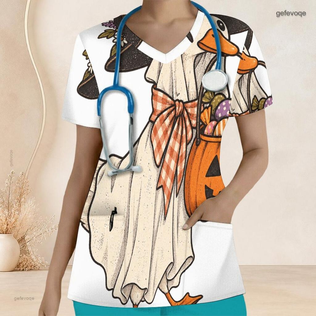 Women Plus Size White Halloween Cartoon Duck Printed V Neck Short Sleeve Nurse Scrub Top With Front Pockets