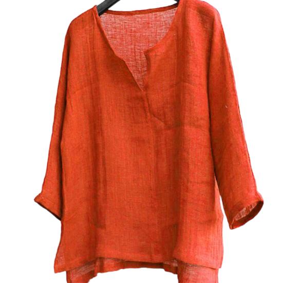 

Men Casual Summer Solid Color Long Sleeve V Neck Slitting Hem Loose T-shirt Top XL оранжевый