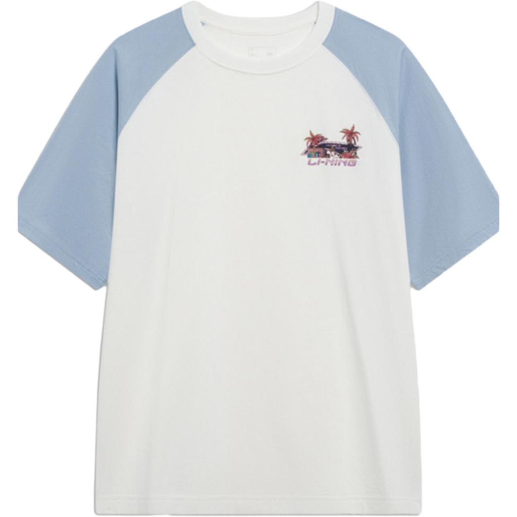 Li Ning Sports Fashion Series Brand Logo Loose Round Neck Pullover Short Sleeve T-Shirt Men T-Shirt Off-White Sky-Blue AHST037-1