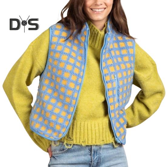 

Женский жилет, куртка с воротником-стойкой, контрастного цвета, без рукавов, клетчатый узор, кардиган, жилет, застежка-молния, повседневная верхняя одежда для отдыха на природе M небесно-голубой