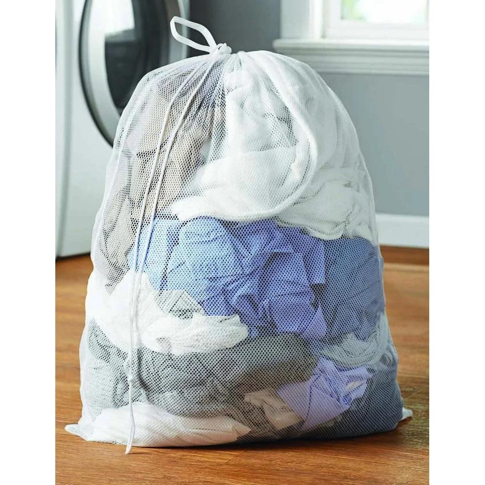 8 Pack White Polyester Mesh Laundry Bags with Drawstring Closure Durable Washable Laundry Tote Sorting Transporting Storage