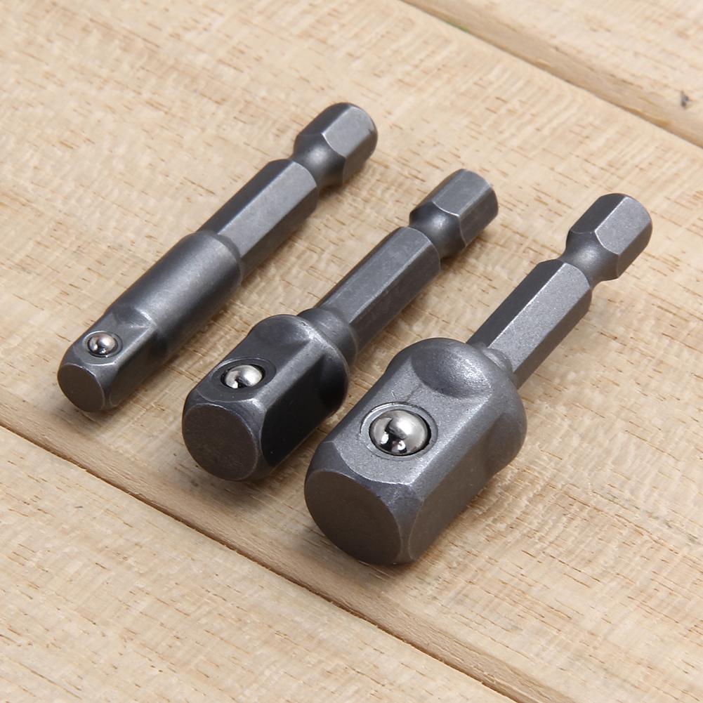 3Pcs Drill Socket Adapter 1/4 3/8 1/2 Size Hex Shank Impact Drill Bar Socket Adapter Square Head Drill Bit Power Tools