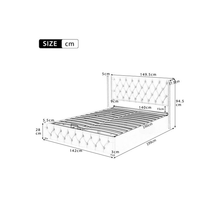 Lit - MUVOE - 140x190 - Rembourré - Noir Et Beige - Coffre De Rangement Hydraulique