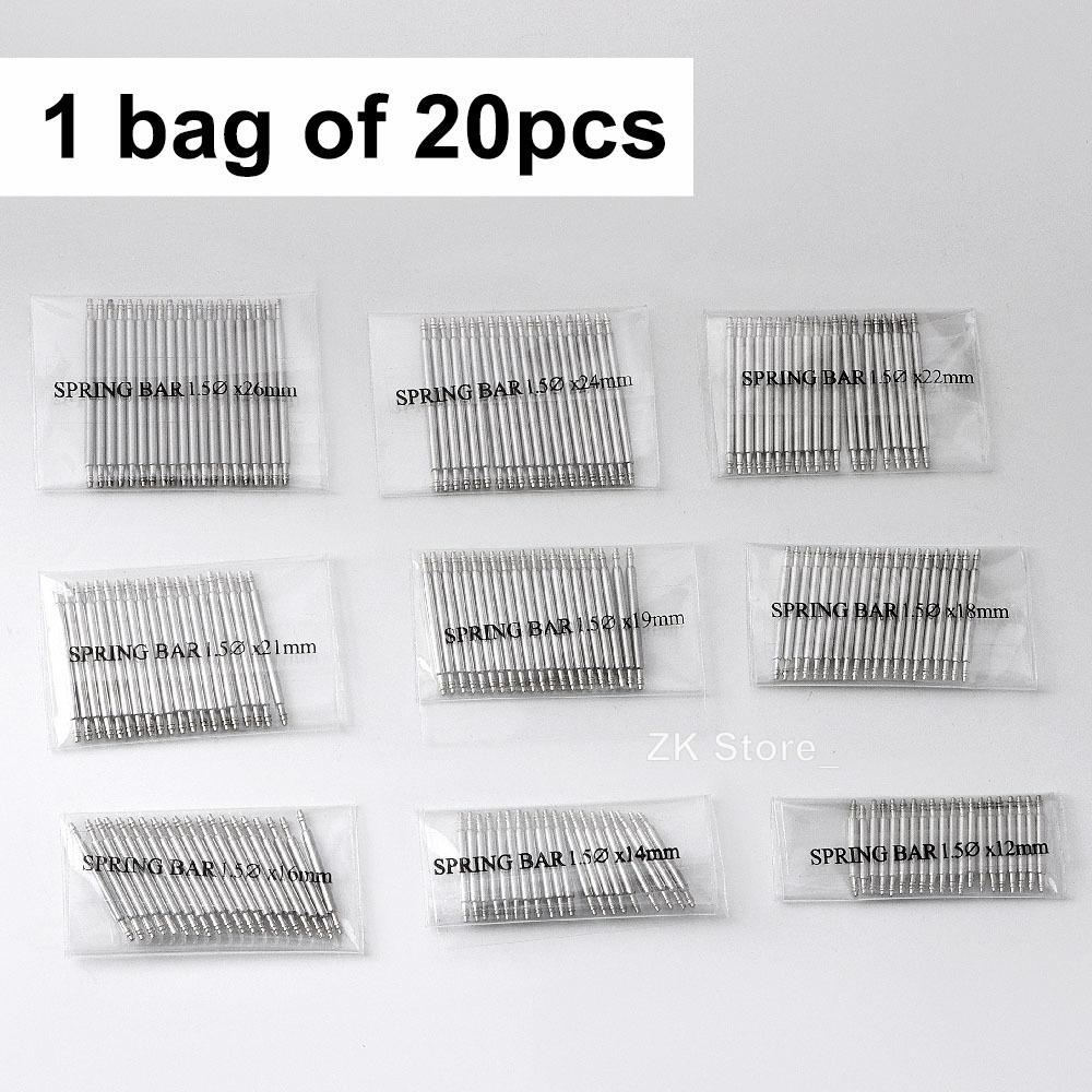 20pcs Dia 1.5mm/1.8mm Spring Bars Watch 20mm Strap Link Pins Fits 12 14mm 16mm 18mm 19mm 21mm 22mm 24mm 26mm Watchband Link Bars