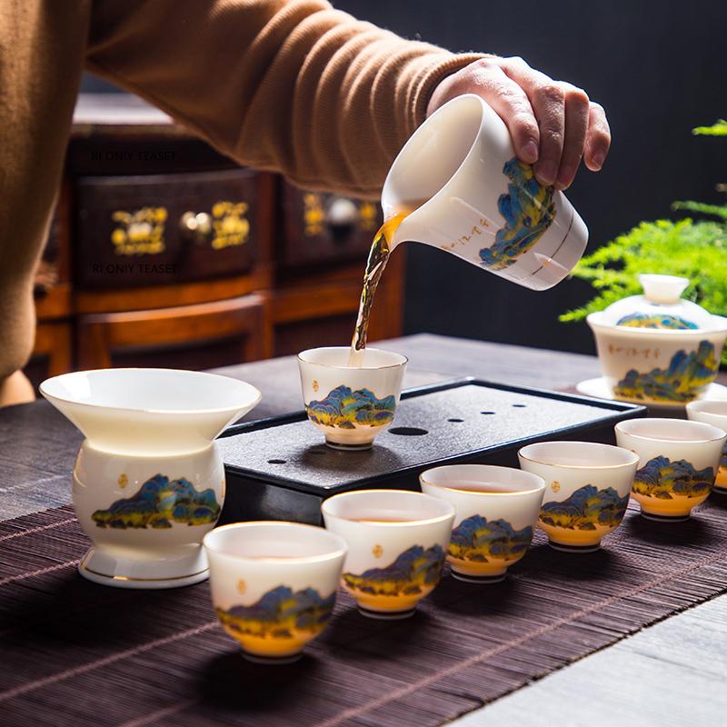 11 Pcs/set Chinese Ceramics Tea Set Handmade Suet Jade White Porcelain Teapot Bamboo Leaf Gaiwan Kettle Teacup Household Teaware