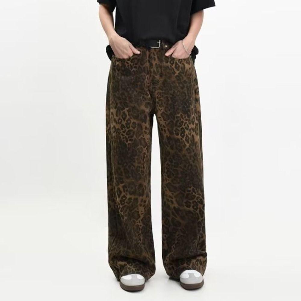 Wide Leg Leopard Print Jeans Straight Leg Cowboy Pants Soft Jeans Women Y2k Girls