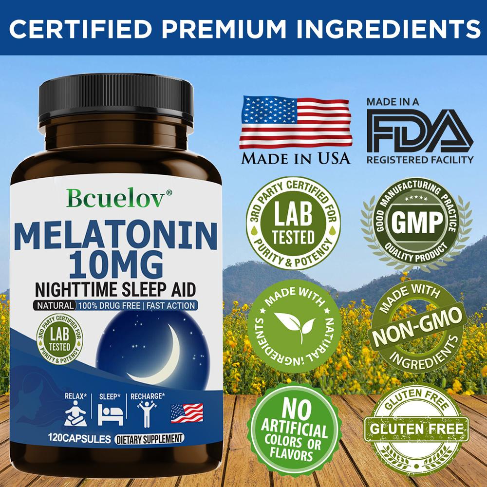 Bcuelov Melatonin Capsules 10mg Relieve Emotions and Improve Difficulty Falling Asleep 120 Capsules