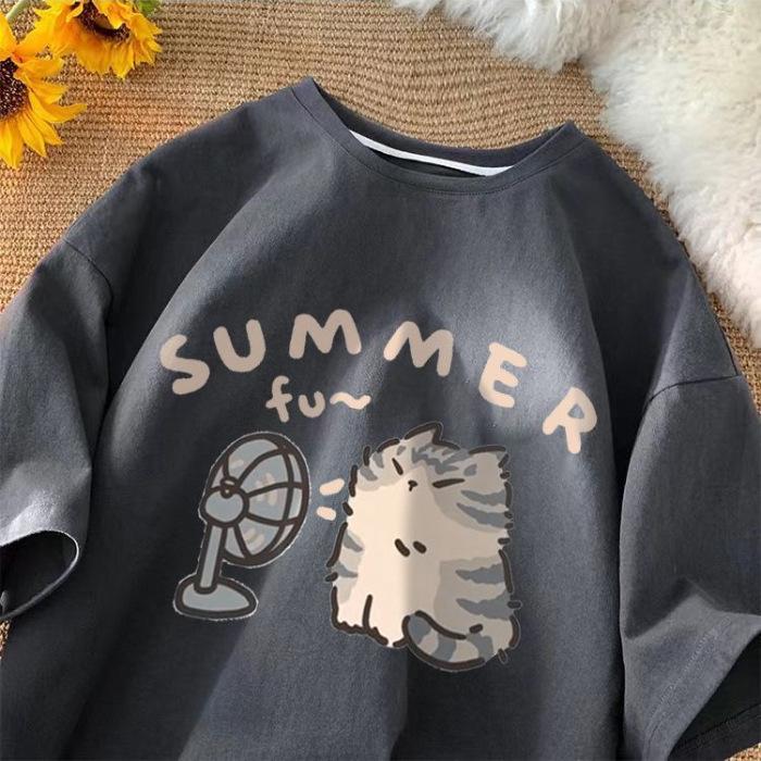Fan Cat and Women Pure T-shirt for Men American Street Creative Blow Summer Relaxed Short Sleeve Couple Wear INS Top