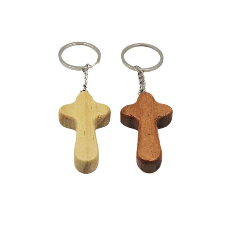 Handmade Pine Wood Cross Pendant Keychain