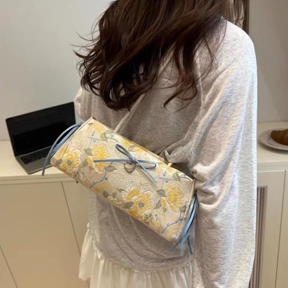 Flower French Stick Handbag Cloth Underarm Bags Portable Bow Shoulder Bag Daily
