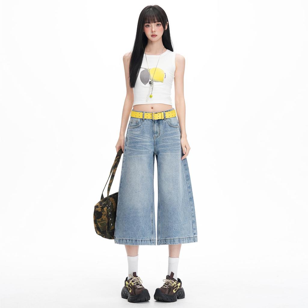 Trendy Summer Vintage Loose Straight Cropped Capri Denim Pants For Women Versatile Slimming AllMatch Basic Denim Bottoms