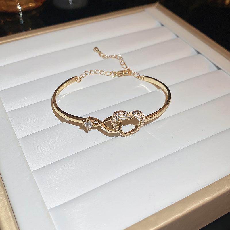 Elegant Zircon Cuff Bracelet Gold Plated Copper Knot Opening Bangle Minimalist Women's Wedding Party Jewelry