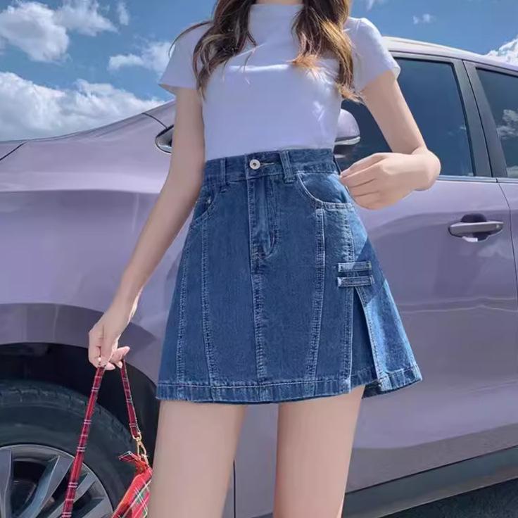 2024 Damen High Waist A-Linien Denim Skort: Schlankmachender Bodycon Minirock mit angenähten Shorts für den Sommer