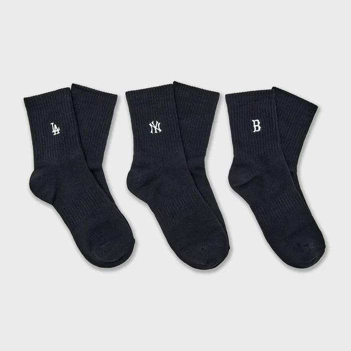 MLB Small Logo Embroidered Mid-Calf Socks 3-Pair Set MLB (Black)