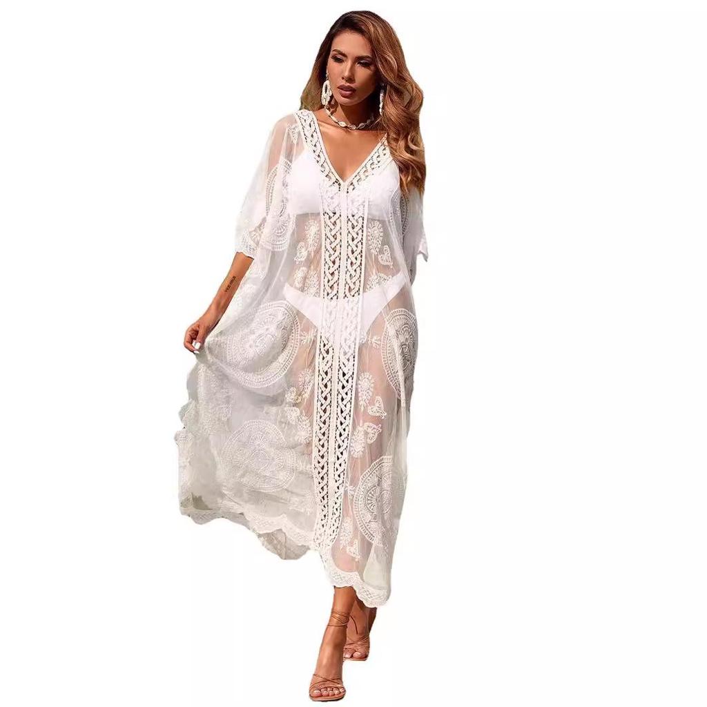 European & American Water-Soluble Embroidery Sexy Beach Cover-Up Shirt Dress for Women