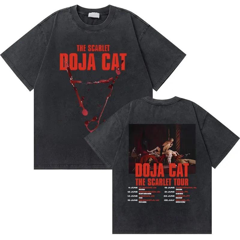 Oversized Acid-Wash Vintage Short-Sleeve T-Shirt Featuring Doja Cat The Scarlet Tour Blood V Graphic Print L