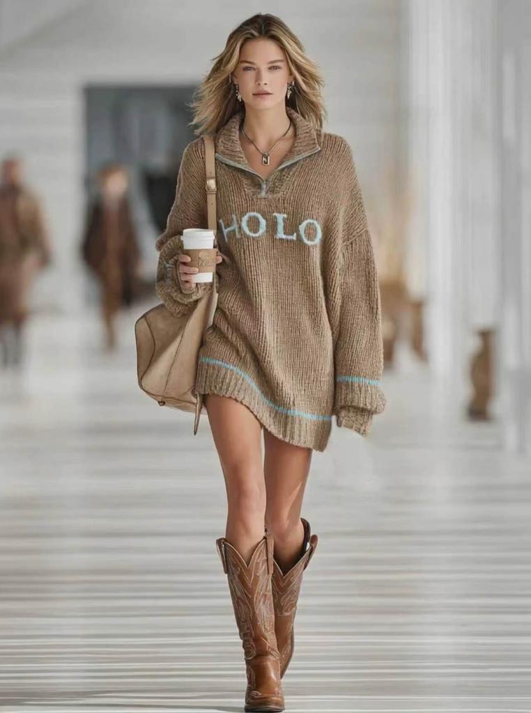 Autumn and winter popular new women's loose letter jacquard sweater zipper lapel mini knitted women's dress