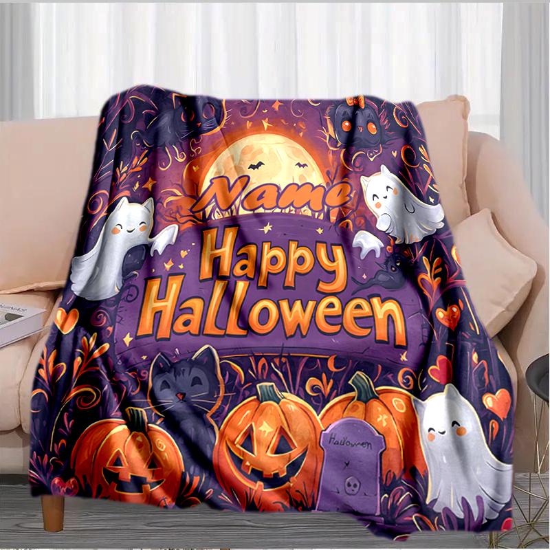 1PC Custom Name Happy Halloween Night outdooor Flannel blankets Throw Blanket All-Season Throw Gift Bedspread for Couch, Bed, Camping Holiday Birthday