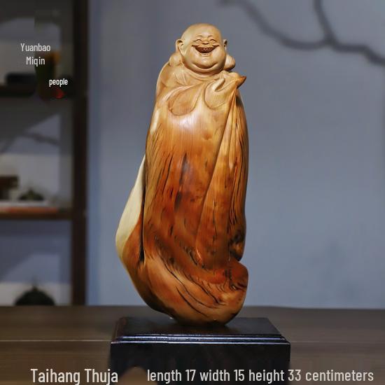 Intaglio Radice di Legno di Cipresso di Scogliera: Ornamento Daruma Maitreya Buddha in Legno Massello in Zafferano Dorato e Legno di Rosa Nanmu.