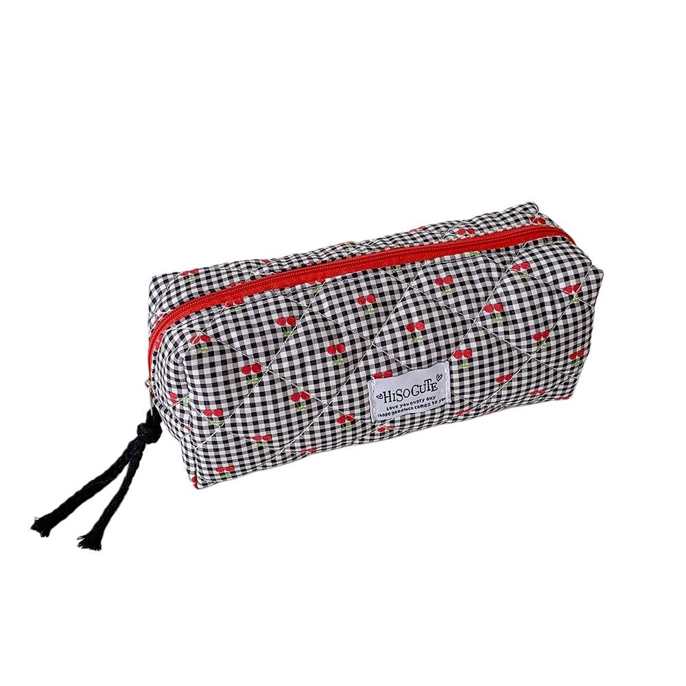 Cute Design Korean Cherry Pencil Case Large Capacity Cloth Plaid Pen Bag  Children